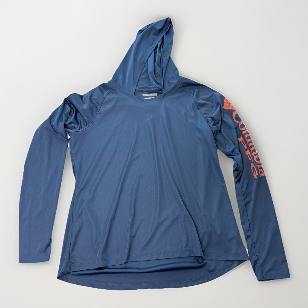 Columbia PFG Omni Shade Womens Size XL Blue Orange Hooded Shirt